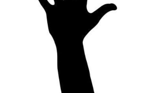 Silhouette of a raised hand with five fingers, extending upward from a partially visible arm, against a transparent background.