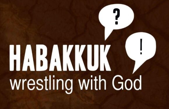 "Habakkuk wrestling with God" is displayed with two speech bubbles containing a question mark and an exclamation point above the text.