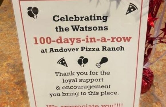 Celebrating the Watsons' 100-day achievement at Andover Pizza Ranch, with balloons, pizza slices, and a thank you message for support and encouragement.