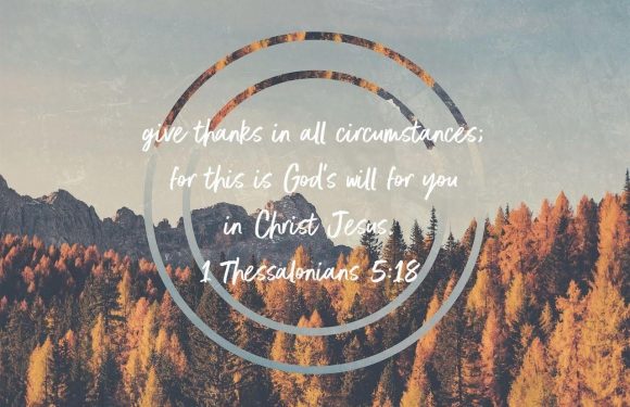 A serene mountain landscape with a forest of orange and green trees under a light blue sky. An inspirational Bible verse overlays the image in white text.