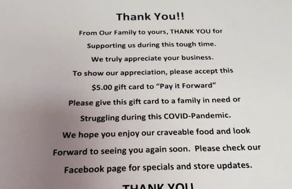 A thank-you note on white paper from a locally owned pizza restaurant, expressing gratitude, offering a $5 gift card, and encouraging support during COVID-19.