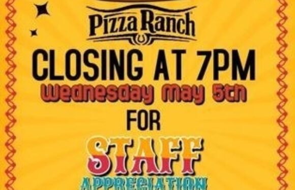 A yellow poster with red borders and a sombrero graphic at the top, announcing a closing at 7 PM on Wednesday, May 5th for staff appreciation fiesta.