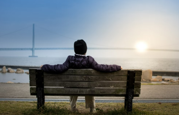 A person wearing a black beanie and a purple jacket sits on a wooden bench, overlooking a body of water with a bridge in the distance during sunset.