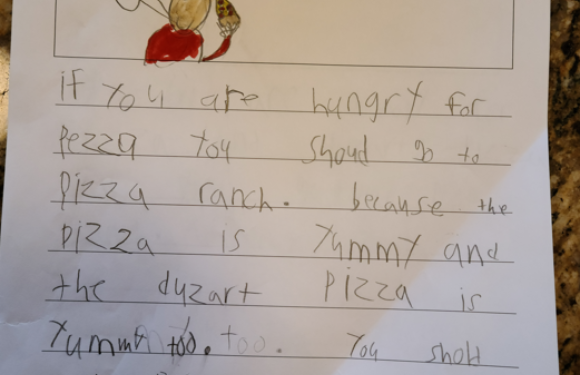 A handwritten note with colorful drawing of a person holding a pizza slice, saying "yummy!". The letter explains pizza options, mentioning a pizza ranch and a child's preference.