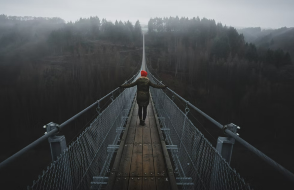 A person wearing a red hat and dark coat walks across a long suspension bridge over a dark, foggy forested landscape.