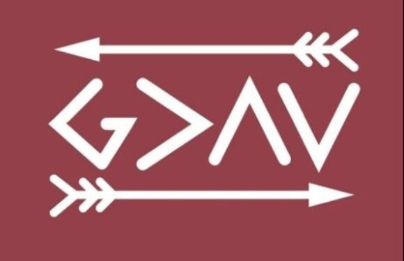 White geometric arrow and letter symbols arranged on a dark red background.