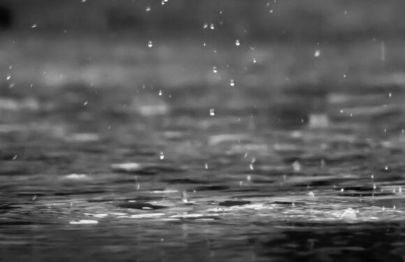 Raindrops falling on a water surface, creating ripples and splashes with a dark, blurred background.