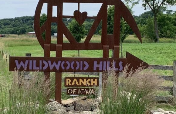 Rusty metal sculpture of a horse with a heart on its chest, standing in front of a green field with trees. Below, a sign reads "Wildwood Hills Ranch of Iowa".