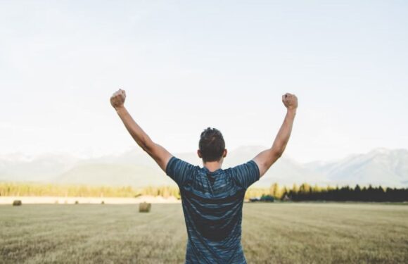 A person stands in an open field with mountains in the background, raising both arms in a victorious pose, wearing a striped blue t-shirt.