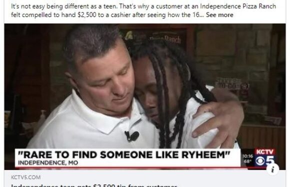 A teenager hugging a man wearing a white shirt and apron, inside a restaurant, with a news banner below mentioning a $2,500 tip at a pizza place.