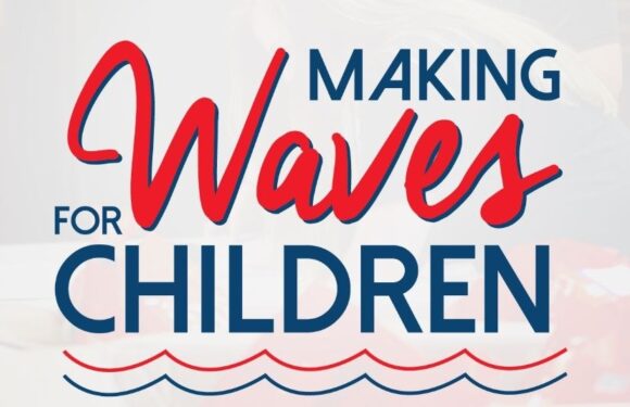 "Graphic with the text 'Making Waves for Children' in red and blue, featuring wavy lines at the bottom, against a light, semi-transparent background."