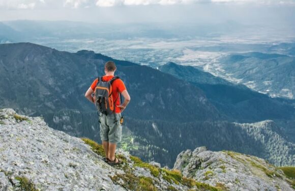 A hiker wearing an orange shirt, khaki shorts, and a black and orange backpack stands on a rocky cliff overlooking a forested mountain valley.