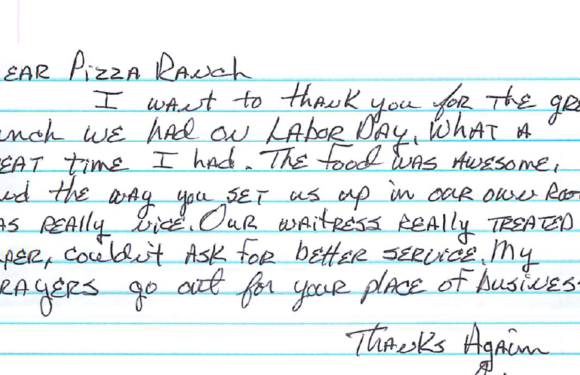 Handwritten letter on lined paper, expressing gratitude to Pizza Ranch for a great lunch on Labor Day, mentioning excellent service and food.