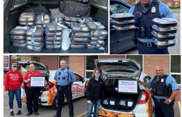 The images show police officers with multiple trays of food, police vehicles, and individuals holding signs that read "Feeding Our Local Heroes," with a Pizza Ranch-themed vehicle in the background.