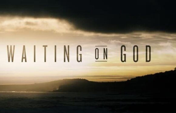 Dark clouds over a landscape with the text "Waiting on God" in large capital letters.