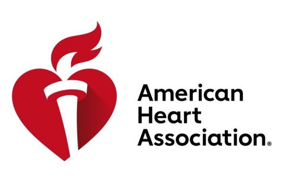 A red heart with a torch emitting a flame in the center and the text "American Heart Association" next to it.