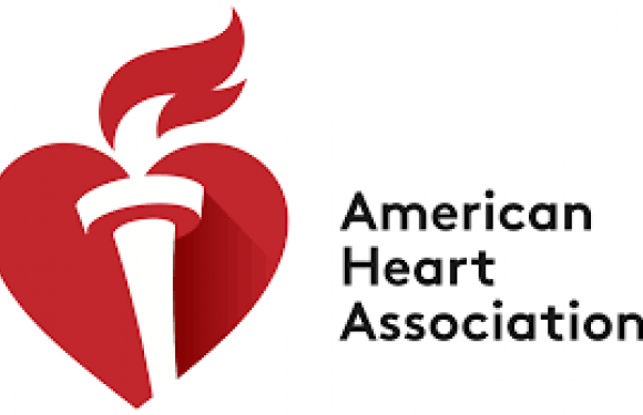 Red heart with a torch in the center and flames at the top, alongside the text "American Heart Association".