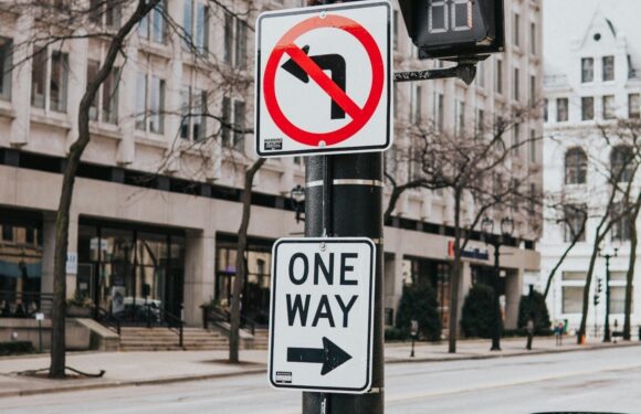 A street pole displays a no left turn sign and a one-way right arrow sign, with a digital countdown timer above, in an urban setting with buildings and leafless trees.