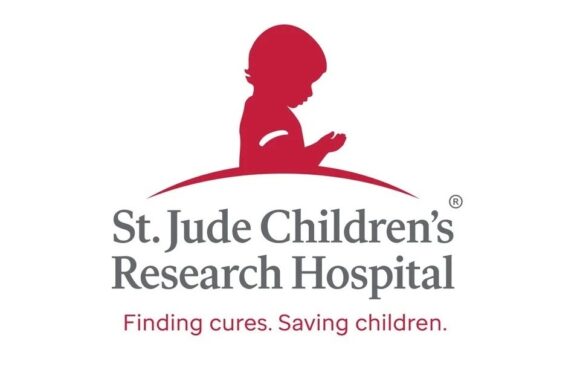 Silhouette of a child in profile with a hand raised, above the text "St. Jude Children's Research Hospital" and the slogan "Finding cures. Saving children."