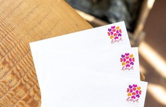 Three white napkins with "love" and a colorful heart design are placed on a wooden surface outdoors, with green plants visible in the background.