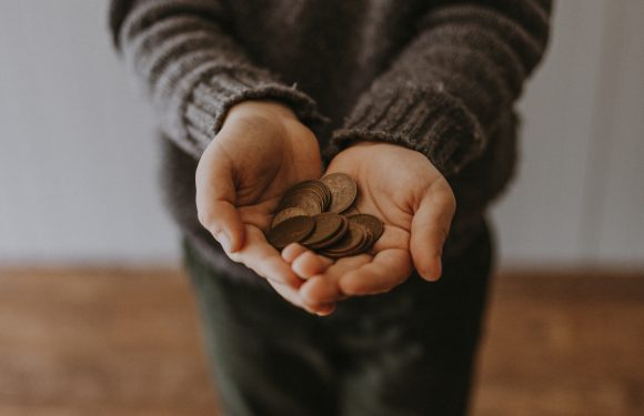Person wearing a brown striped sweater holding a handful of coins, standing indoors against a plain background.