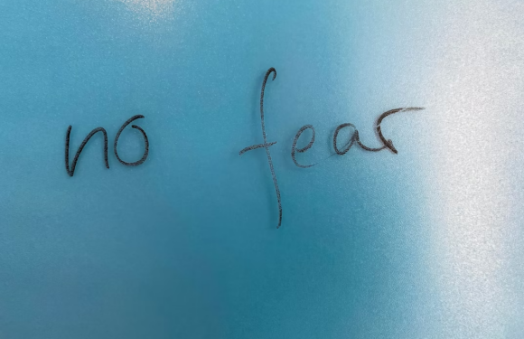 The image shows the words "no fear" written in black ink on a light blue background.