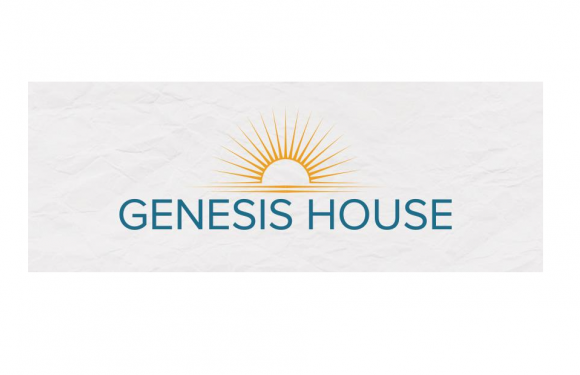 A logo with a stylized rising sun above the text "GENESIS HOUSE," set against a crumpled paper background.