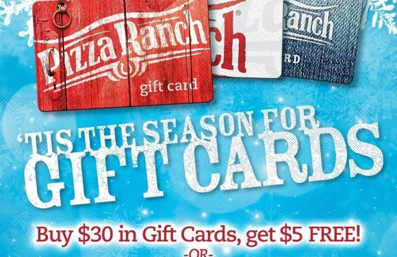 Three gift cards with "Pizza Ranch" branding in red, white, and denim styles are displayed on a blue background with snowflake patterns. The text promotes holiday gift card offers.