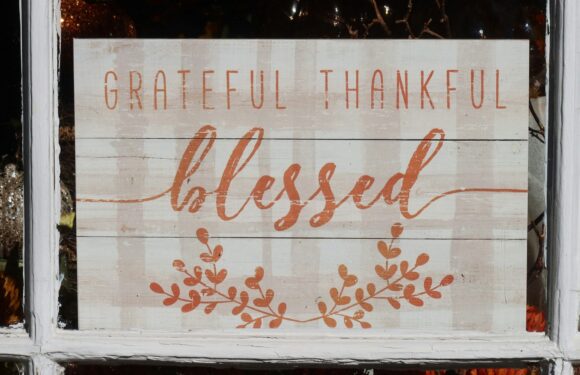 A sign with a white wood background displays the words "GRATEFUL THANKFUL blessed" in orange and pinkish hues, accented with a decorative leafy branch on the bottom.