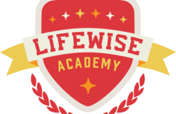 A shield-shaped logo with "Lifewise Academy" in bold red and yellow letters, featuring stars above and red laurel leaves below.