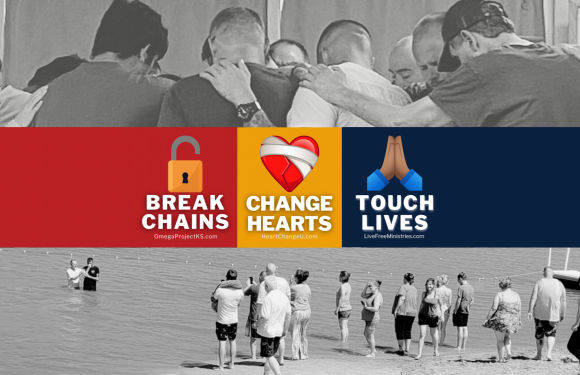 A group of people standing in a line in the water, with a red, yellow, and blue banner overlayed with messages about breaking chains, changing hearts, and touching lives.