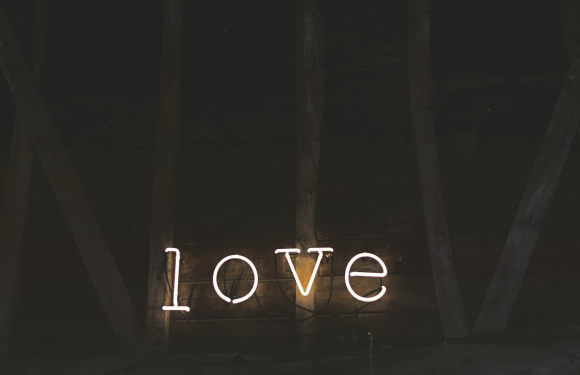A neon sign spelling "love" on a wooden wall with exposed beams, glowing softly in a dark space.