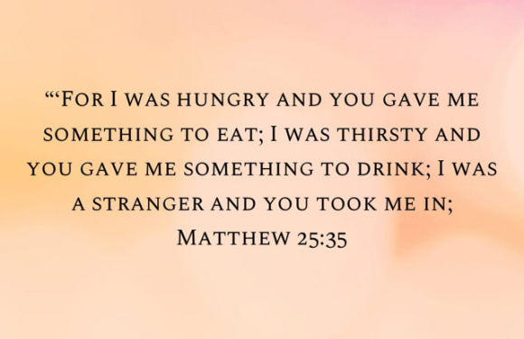 A quote from Matthew 25:35 about being hungry and thirsty, with a soft pink and orange blurry background.