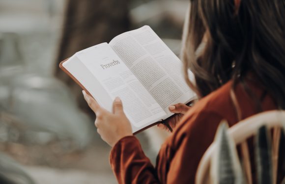 A person with long hair, wearing a brown jacket, reading a book titled "Proverbs" outdoors. The background is blurred with neutral tones.