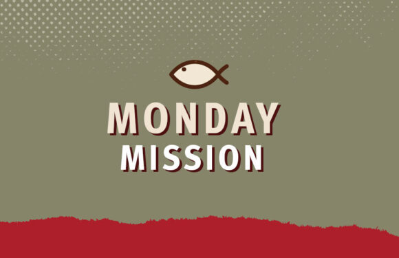 A fish icon above the text "Monday Mission" on a green background with an abstract red border at the bottom.