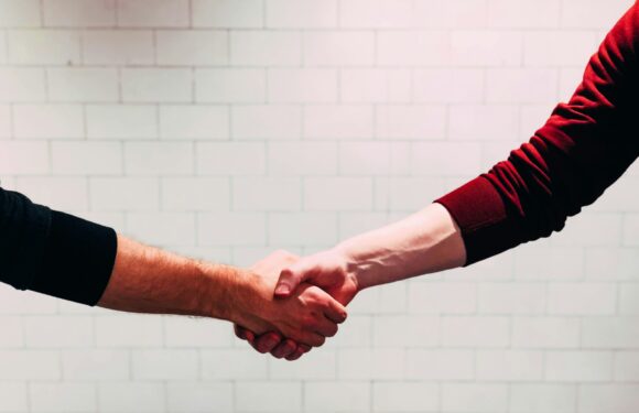 Two people are shaking hands in front of a white brick wall, one wearing a black long sleeve shirt and the other in a red and black long sleeve shirt.