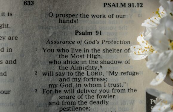 Open Bible page displaying Psalm 91, with white flowers partially covering the right side. The passage talks about God's protection and refuge.