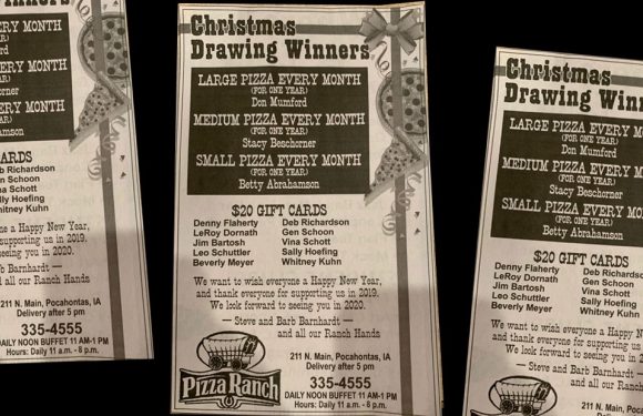 Three Christmas drawing winners are listed for pizza each month, with gift card details and a note from the restaurant at 211 N. Main, Pocahontas, IA.