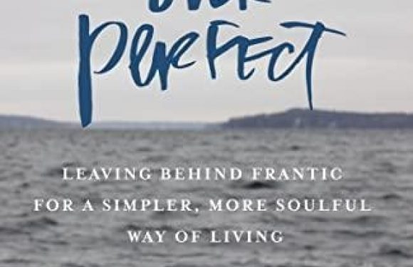 A person in sneakers is seen sitting on a boat or dock, overlooking water with a cloudy sky; the book cover features the title "Present Over Perfect" by Shauna Niequist.