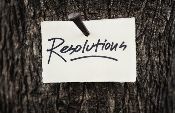 A handwritten note on a piece of paper with the word "Resolutions" pinned to the bark of a tree.