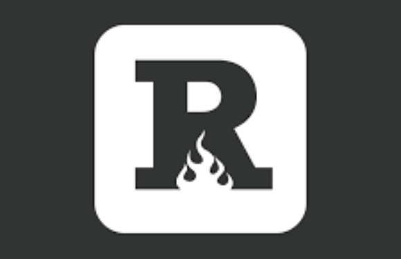 A black square with a white rounded square in the center containing a bold "R" and a flame underneath.