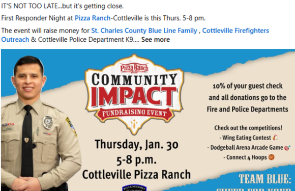 A uniformed officer standing with arms crossed, promotional graphic for a community impact fundraising event at Cottleville Pizza Ranch on Jan 30, 5-8 p.m.
