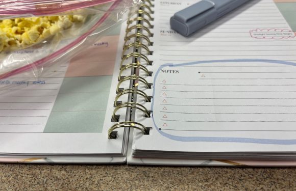 Open planner with lined pages, a gray pen on top, and a plastic bag of popcorn on the left side, on a speckled surface.