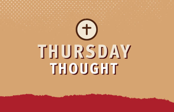 A beige background with white and dark red text reading "Thursday Thought" and a small cross icon at the top center, with a red uneven border at the bottom.
