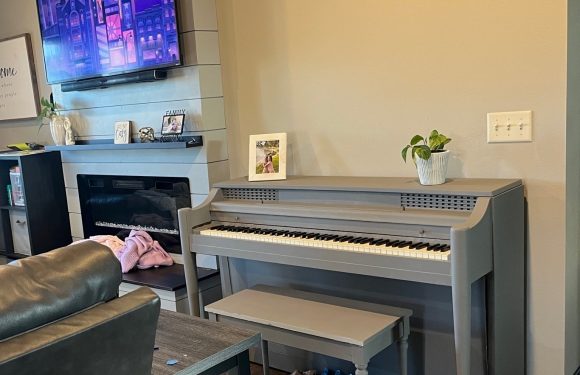 A gray upright piano with a matching bench, decorated with a potted plant and framed photo on top, sits in a cozy living room with a fireplace and TV.