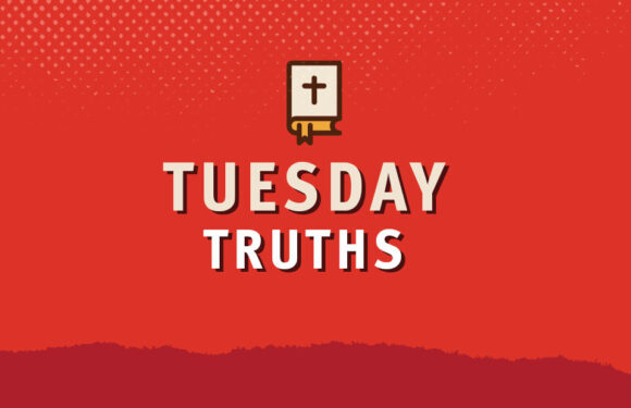 A red background features a small drawing of a Bible with a cross, with the text "Tuesday Truths" in bold, white, shadowed letters.