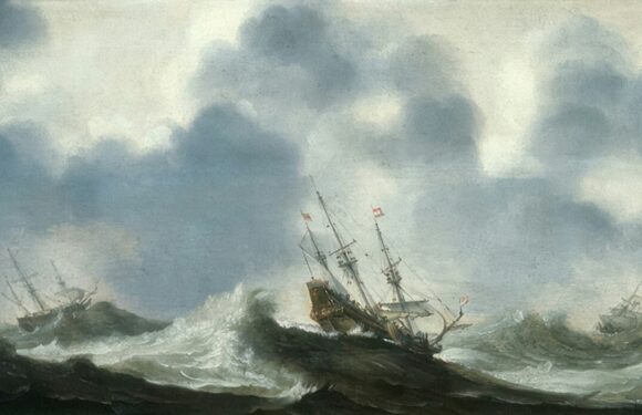 A ship tilts and struggles against large, stormy ocean waves with dark clouds overhead. Other ships are visible in the background amidst rough seas.