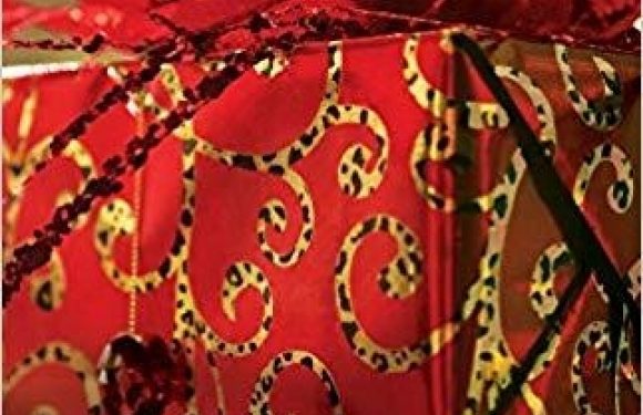 A red gift box with a gold and red ribbon, decorated with a large bow, and a transparent cellophane wrapping featuring red and gold swirl patterns.