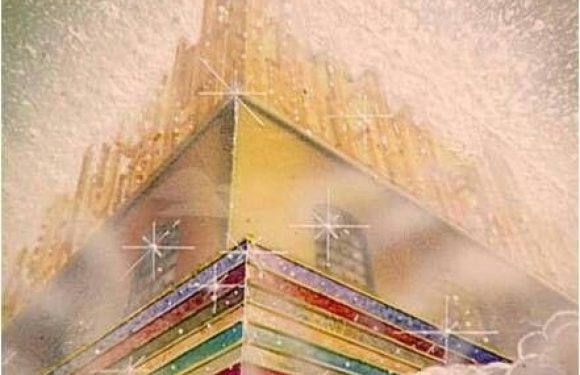 A tall, colorful building topped with a pointed, golden spire. The building's exterior features horizontal bands in various bright colors and sparkles at the top.