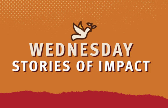 A graphic with an orange background, a dove holding an olive branch, and bold text that reads "Wednesday Stories of Impact."